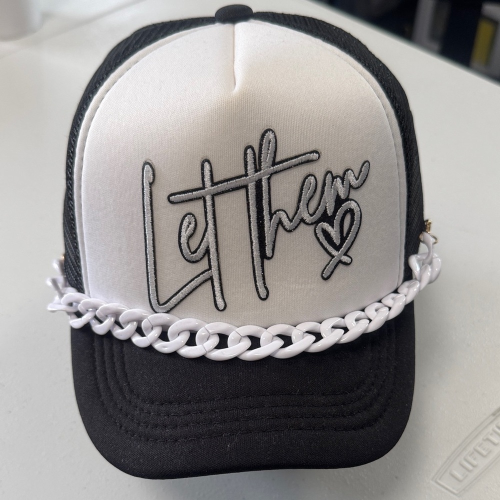 Black and White Trucker Hat with Chain Detail
